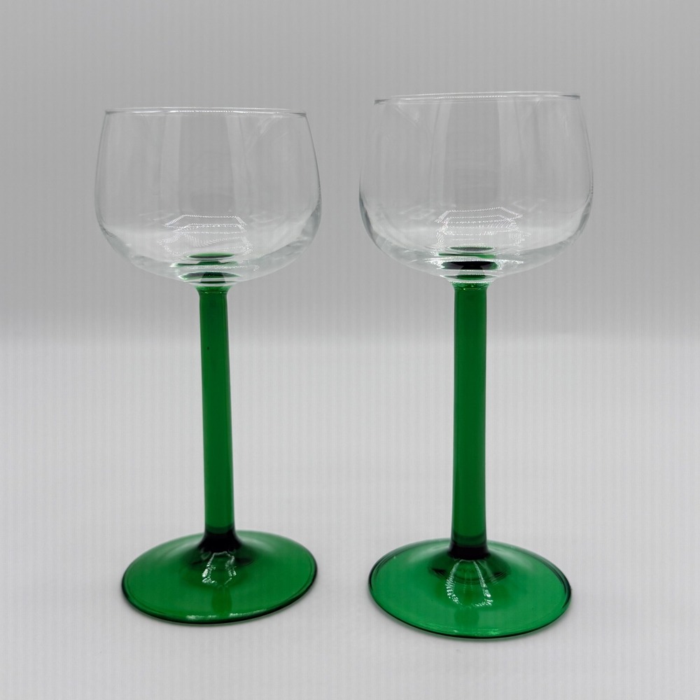 Vintage Luminarc Alsace Rhine Wine Glasses Green Stem France, Set of 2